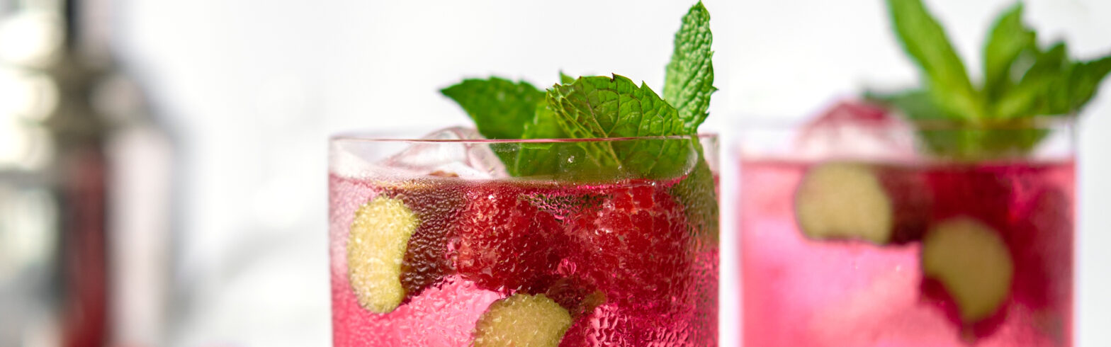 Two pink beverages with mint and rhubarb