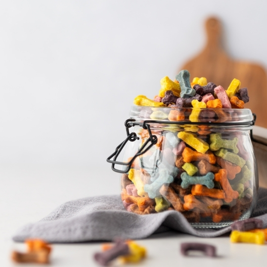 Colorful semi-moist dog treats in a glass jar