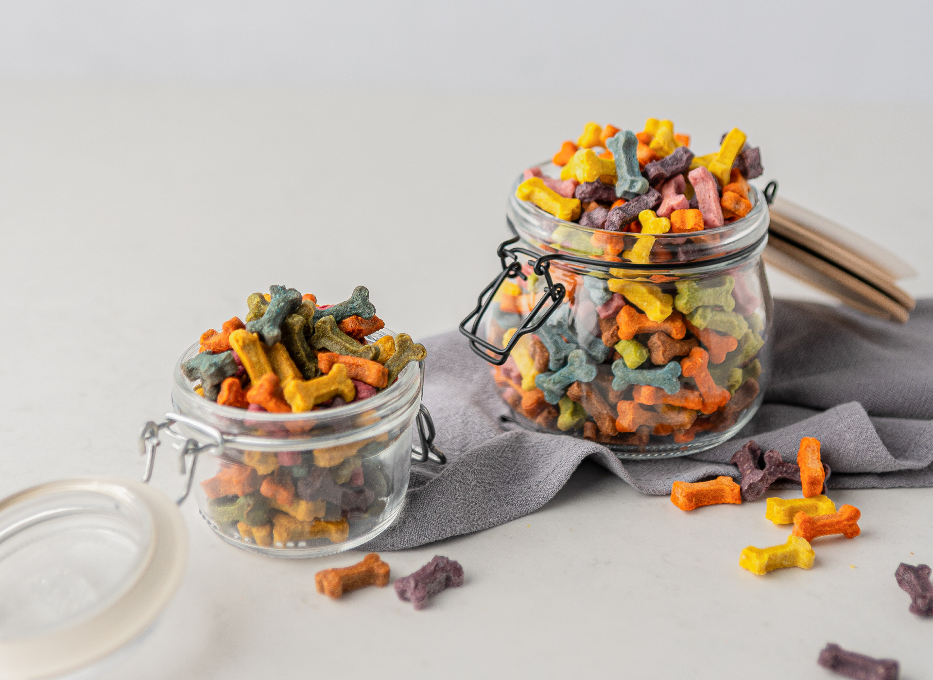 Colorful pet food in jars